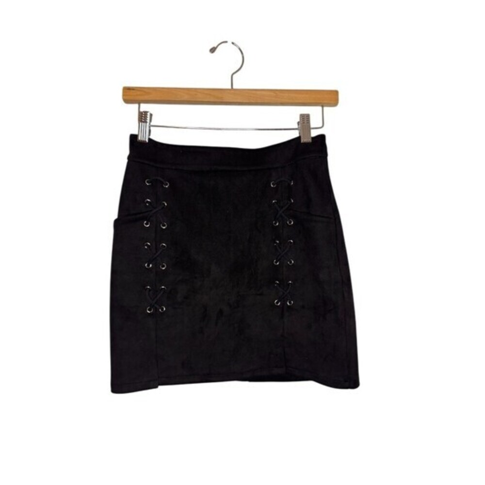 Womens Black Mini Skirt Size S Faux Suede Lace-Up Grommet Back Zip
